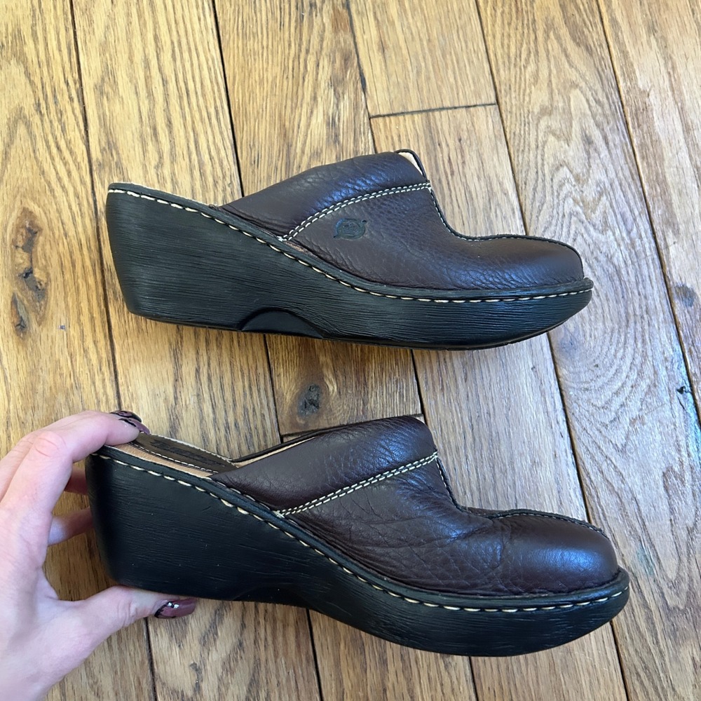 Born Brown Leather Clogs Wedge Mules Slip On Shoes Womens 8 Handcrafted
